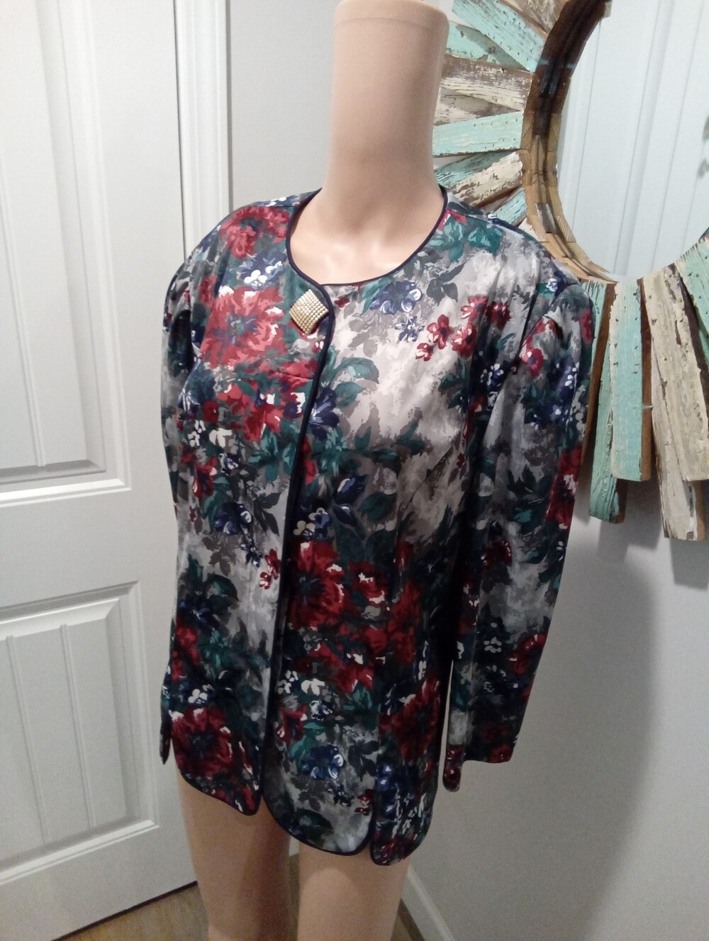 Vintage 80s Good Times Floral Blazer Jecket Textured Shoulder Pads Single Button